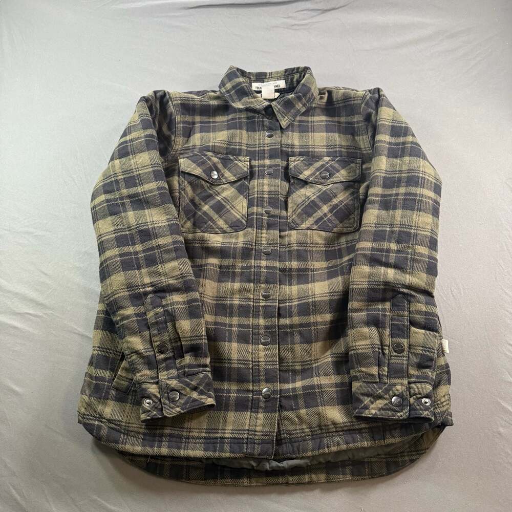 Duluth Trading Folklore Flannel Shirt Jacket Men M Green Black Plaid Lined